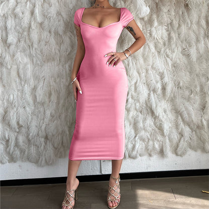 One Line Neck Ribbed Long Dress Short Sleeve Maxi