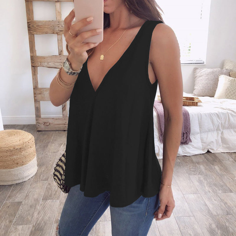 Deep V-shaped Loose Solid Color Sleeveless T-shirt