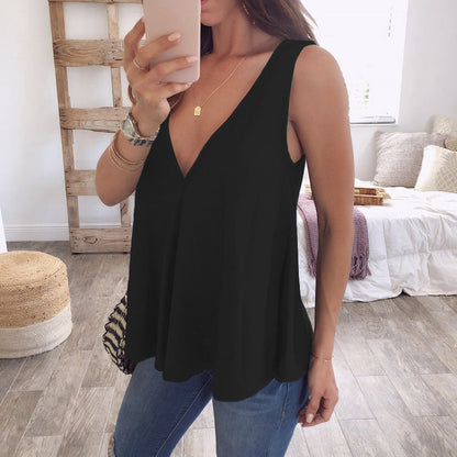 Deep V-shaped Loose Solid Color Sleeveless T-shirt