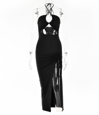 Polyester High-slit Ruffled Halterneck Dress