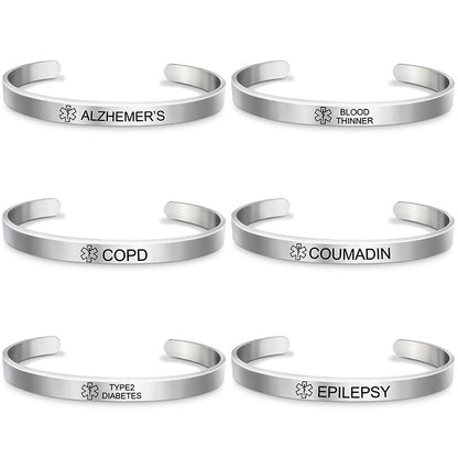 Fashion Silver Plated Medical Alert Cuff Bracelet EPILEPSY Diabetic Allergy Stainless Steel Bangle For Women Men