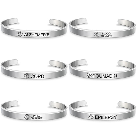 Fashion Silver Plated Medical Alert Cuff Bracelet EPILEPSY Diabetic Allergy Stainless Steel Bangle For Women Men