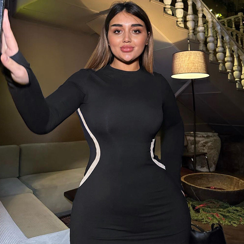 Colorblock Slim Fit Round Neck Long Sleeves Finger Stall Dress