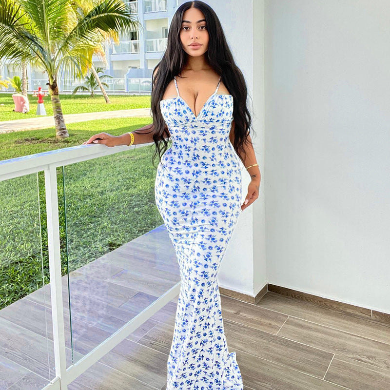 High Waisted V-neck Small Floral Skirt With Fishtail Dress