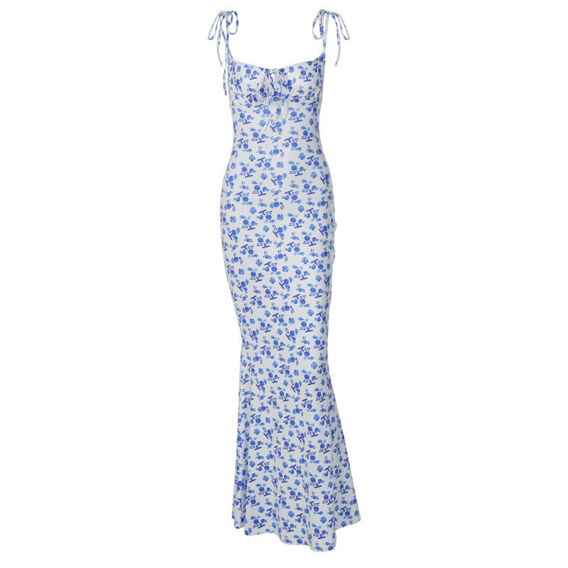 High Waisted V-neck Small Floral Skirt With Fishtail Dress